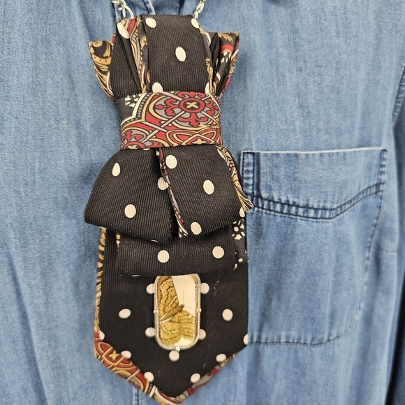 Upcycled Polka Dot Moth Paisley Necktie Necklace - Picture 3 of 3